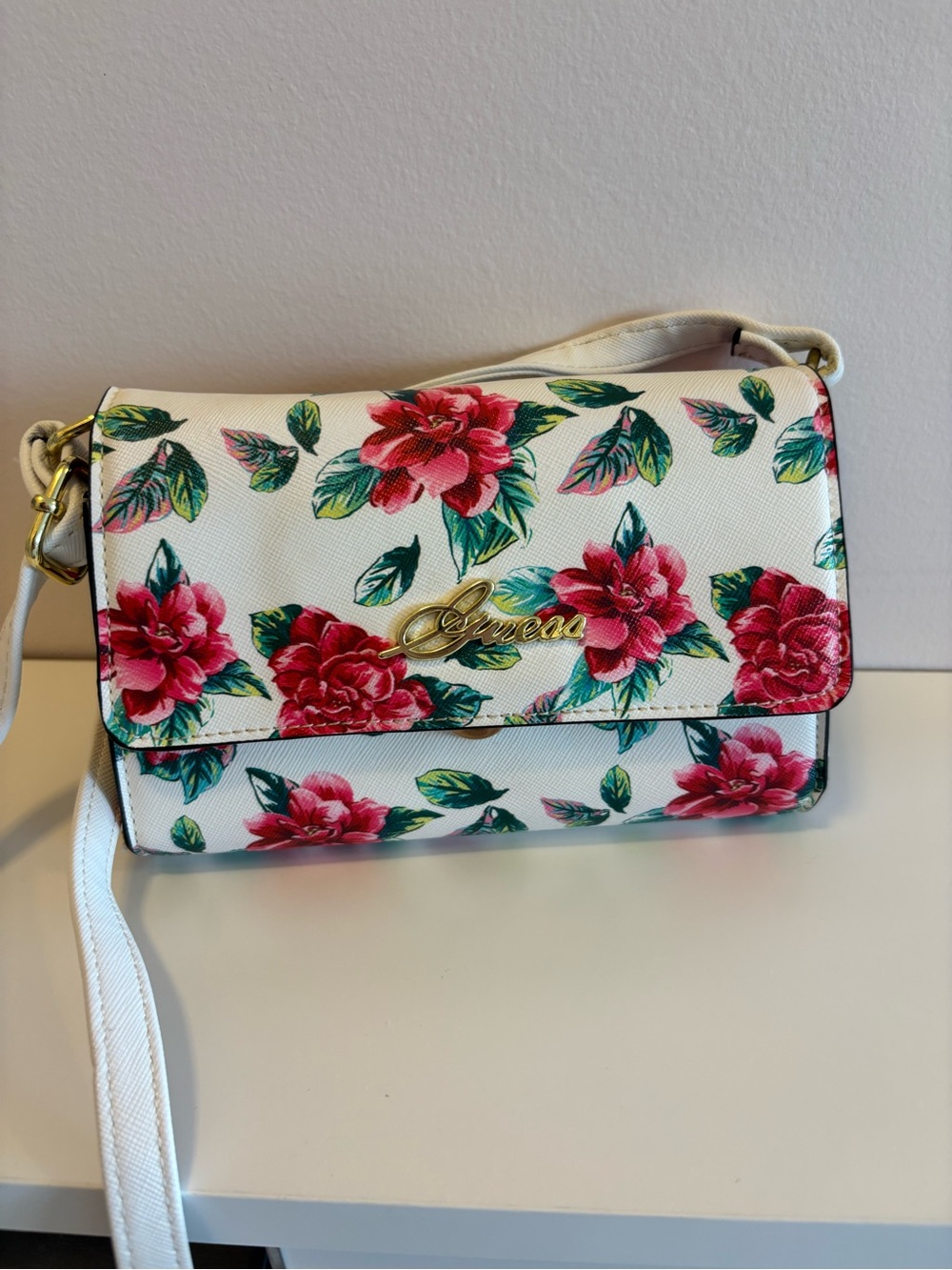 Guess White Crossbody Bag with Pink Floral Print